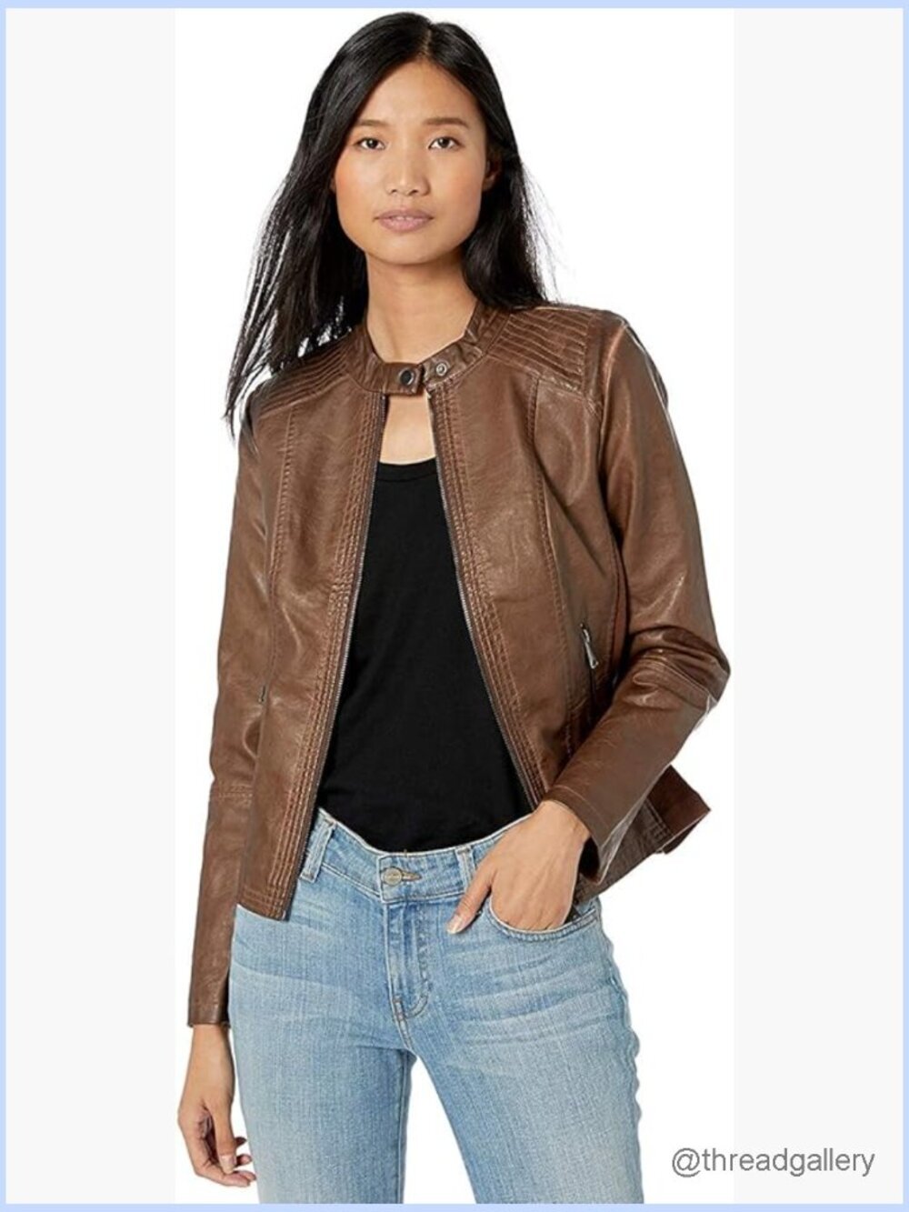 Faux Leather Moto Jacket with Zip Pockets & Stretch Panels